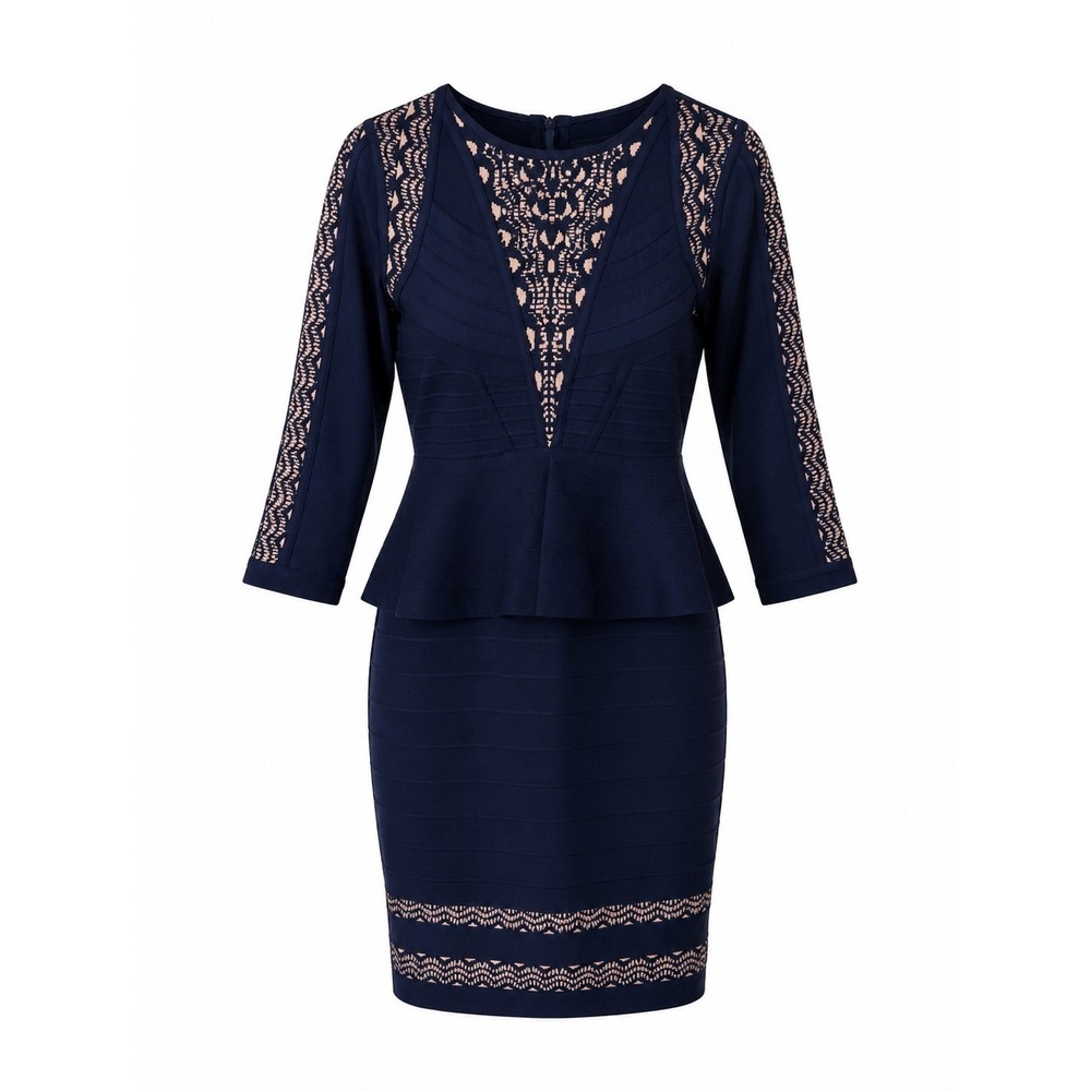 Herve Leger Navy Blue Peplum Bandage Dress 3/4 Sleeve Lace Detail Size Large